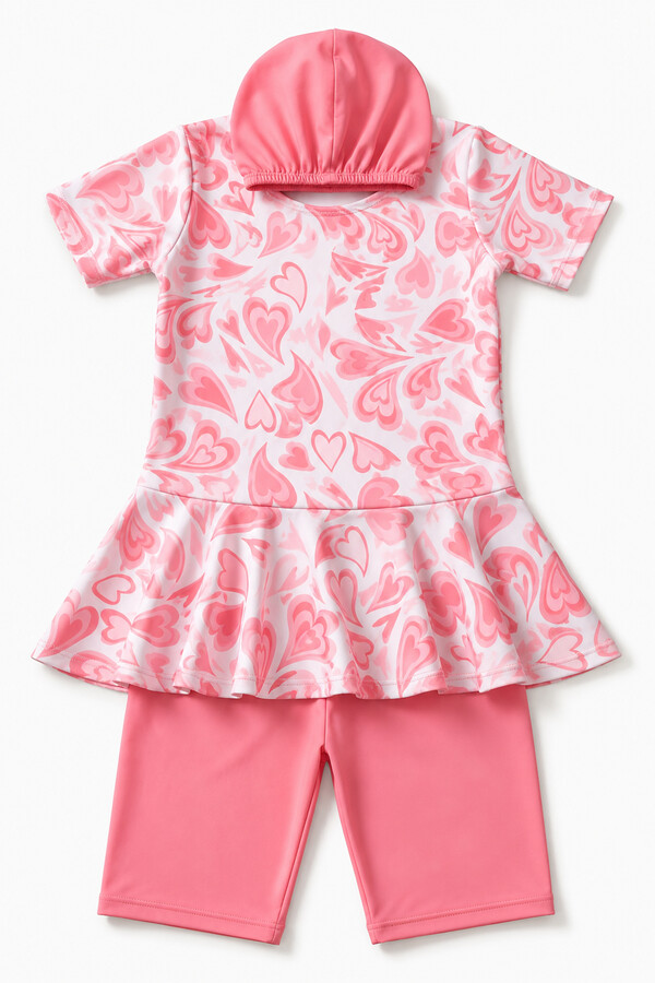 Three-Piece Modest Swimwear Set with Short Sleeve Top - Thumbnail