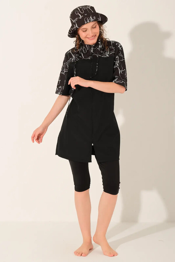 Three-Piece Modest Swimwear Set with Swim Cap - Thumbnail
