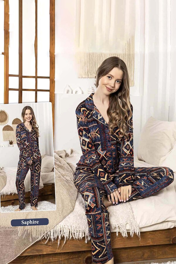 Tribal Print Button-Up Pajama Set - Thumbnail
