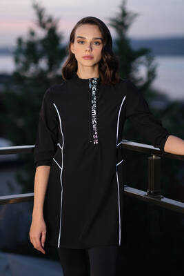 Haliç Mayo - Truvakar Kollu Taytlı Spor Likra Yazı Detay Yarı Kapalı Mayo 3421 Siyah02 (1)