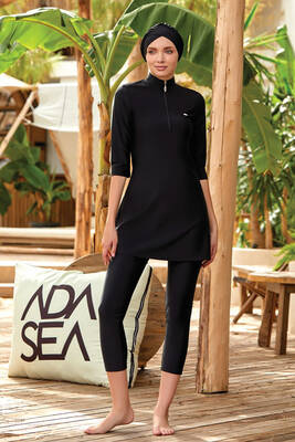 Remsa - Truvakar Sleeve Capris Half Covered Hijab Swimsuit Anda 3400 Black Remsa Swimwear Remsa - Truvakar Sleeve Capris Half Covered Hijab Swimsuit Anda 3400 Black Remsa Swimwear