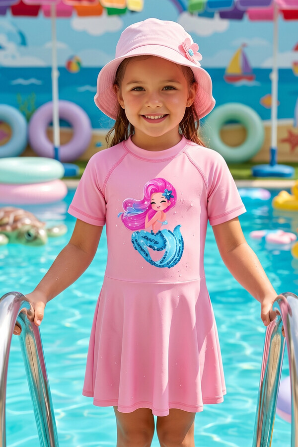 Neopy - UPF 50+ Short Sleeve Dress Swimsuit for Girls in Bright Pink