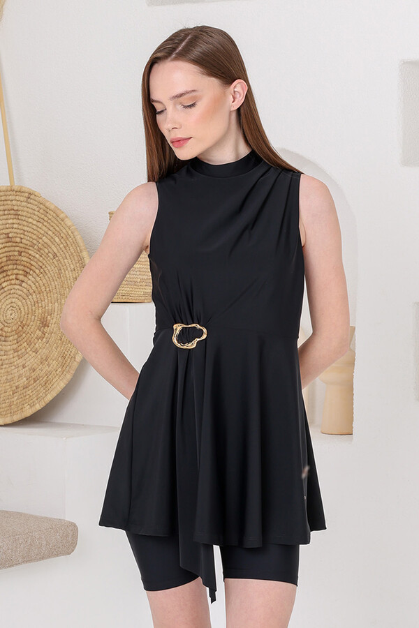 UV Korumalı Aksesuar Detay Likralı Sıfır Kol Şortlu Yarı Kapalı Mayo 1627 Siyah01 - Thumbnail