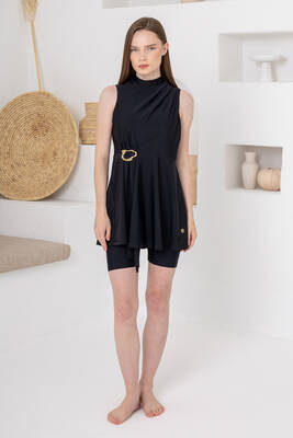 Adasea - UV Korumalı Aksesuar Detay Likralı Sıfır Kol Şortlu Yarı Kapalı Mayo 1627 Siyah01 (1)