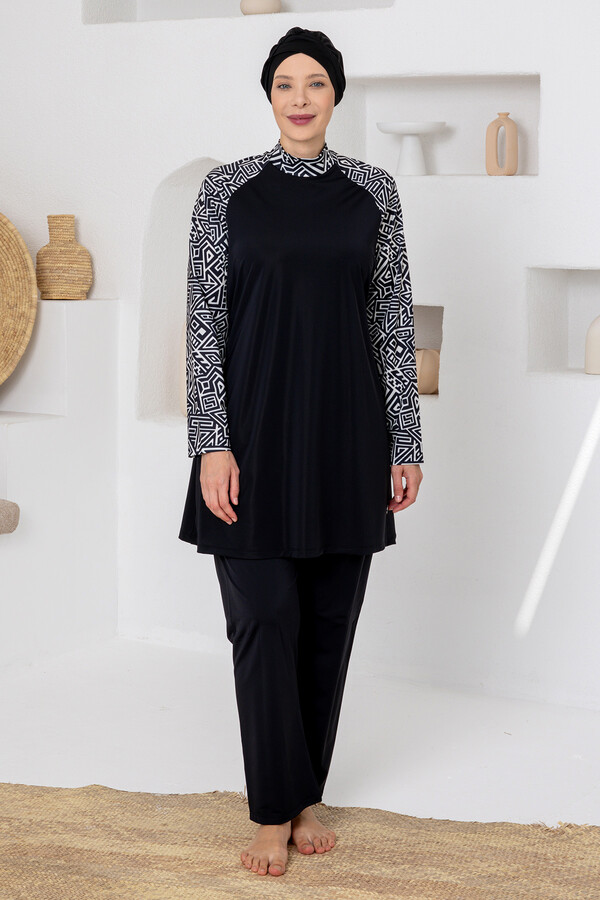 UV Korumalı Büyük Beden Likralı Tam Kapalı Tesettür Mayo 1801 Siyah02 - Thumbnail