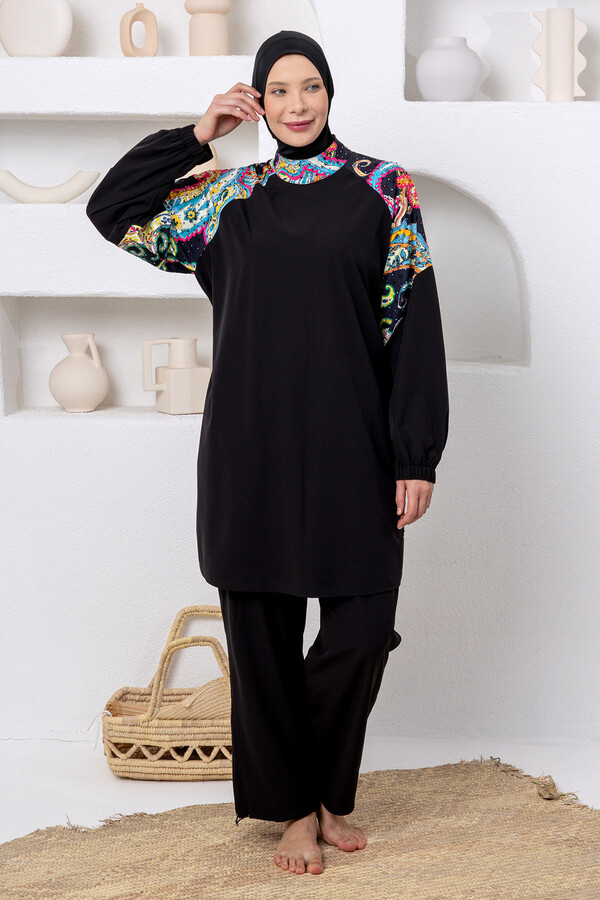 UV Korumalı Büyük Beden Spor Likralı Tam Kapalı Tesettür Mayo 1808 Siyah04 - Thumbnail