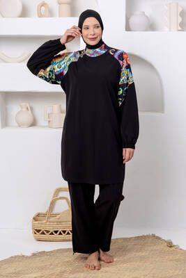 Adasea - UV Korumalı Büyük Beden Spor Likralı Tam Kapalı Tesettür Mayo 1808 Siyah04