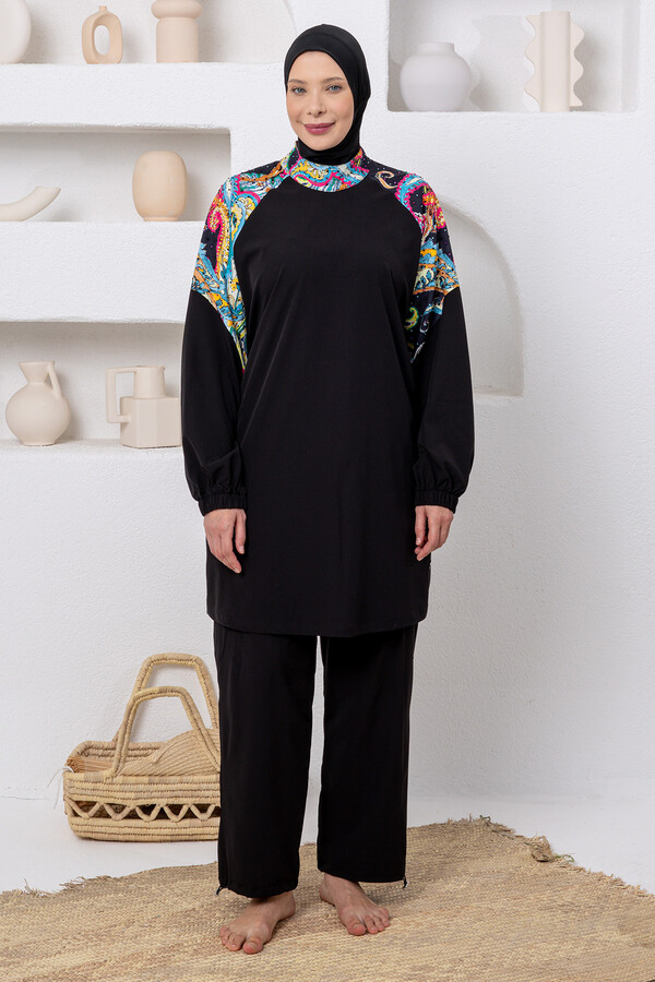 UV Korumalı Büyük Beden Spor Likralı Tam Kapalı Tesettür Mayo 1808 Siyah04 - Thumbnail