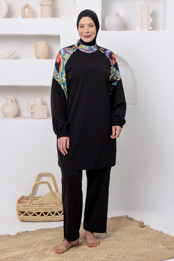 UV Korumalı Büyük Beden Spor Likralı Tam Kapalı Tesettür Mayo 1808 Siyah04 - Thumbnail