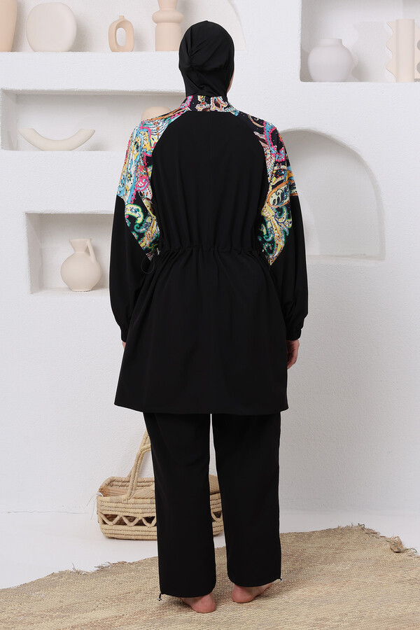 UV Korumalı Büyük Beden Spor Likralı Tam Kapalı Tesettür Mayo 1808 Siyah04 - Thumbnail