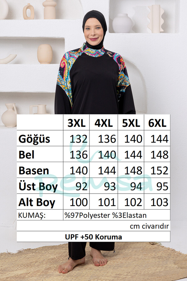 UV Korumalı Büyük Beden Spor Likralı Tam Kapalı Tesettür Mayo 1808 Siyah04 - Thumbnail