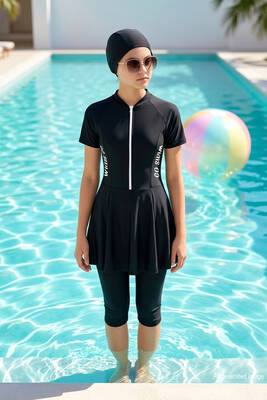 Emayo - UV Korumalı Etekli Taytlı Kısa Kol Kız Çocuk Mayo Mira 1511 Siyah