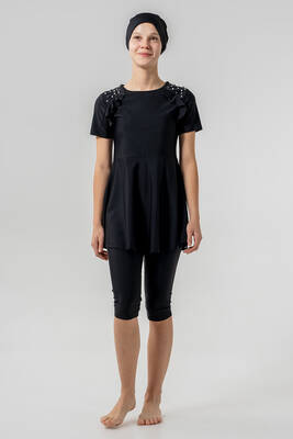 Adasea - UV Korumalı Genç Kız Kısa Kollu Yarı Kapalı Tesettür Mayo 1907 Siyah (1)