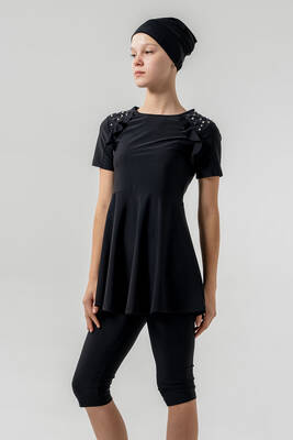 UV Korumalı Genç Kız Kısa Kollu Yarı Kapalı Tesettür Mayo 1907 Siyah · 5