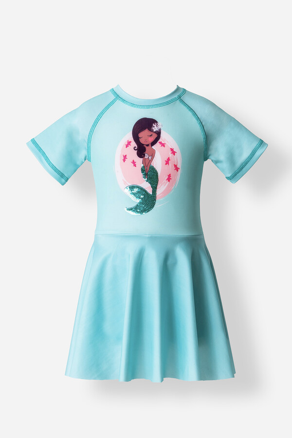 UV Korumalı Kısa Kollu Şortlu Elbise Mayo Kız Çocuk Yüzücü Mayo 5210 Mint - Thumbnail