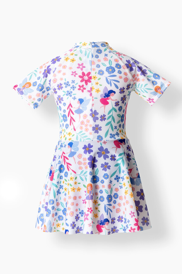 UV Korumalı Kısa Kollu Şortlu Elbise Mayo Kız Çocuk Yüzücü Mayo 5228 Beyaz - Thumbnail