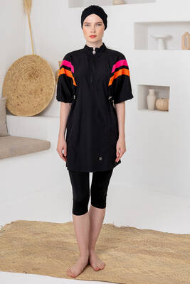 Adasea - UV Korumalı Kısa Kollu Taytlı Paraşüt Kumaş Yarı Kapalı Mayo 1615 Siyah01 (1)