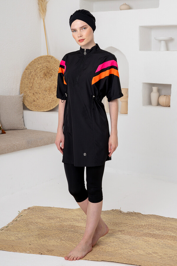 UV Korumalı Kısa Kollu Taytlı Paraşüt Kumaş Yarı Kapalı Mayo 1615 Siyah01 - Thumbnail