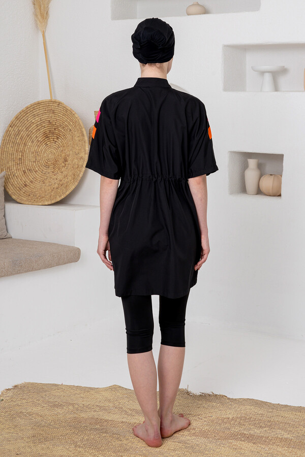 UV Korumalı Kısa Kollu Taytlı Paraşüt Kumaş Yarı Kapalı Mayo 1615 Siyah01 - Thumbnail