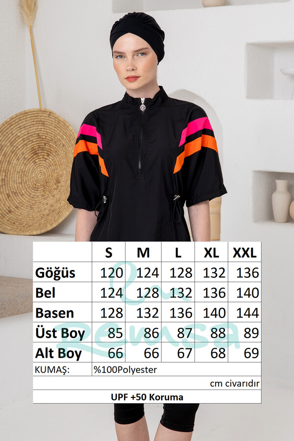 UV Korumalı Kısa Kollu Taytlı Paraşüt Kumaş Yarı Kapalı Mayo 1615 Siyah01 - Thumbnail