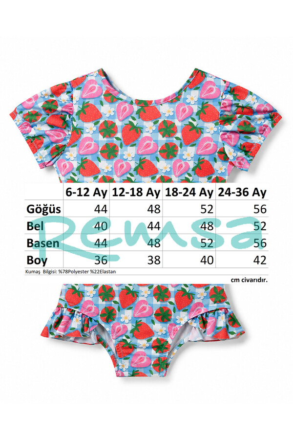 UV Korumalı Kısa Kollu Tulum Kız Bebek Yüzücü Mayo Çilek Desen 5109 Pembe - Thumbnail