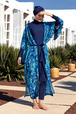 Adasea - UV Korumalı Mayo Üzerine Tek Pareo Kimono 1714 Mavi