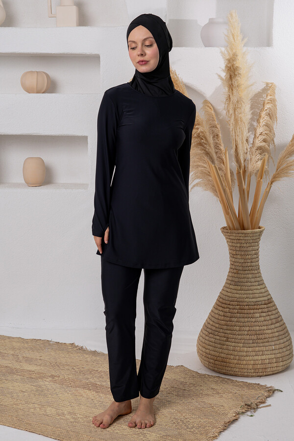 UV Korumalı Spor Likra Bilek Geçirme Detay Yelekli Tam Kapalı Tesettür Mayo 1233 Siyah03 - Thumbnail