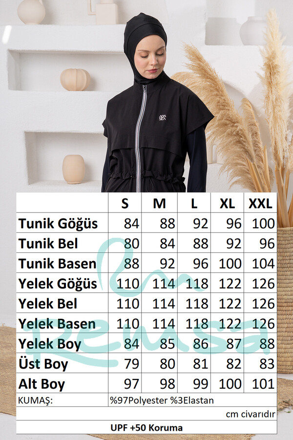 UV Korumalı Spor Likra Bilek Geçirme Detay Yelekli Tam Kapalı Tesettür Mayo 1233 Siyah03 - Thumbnail