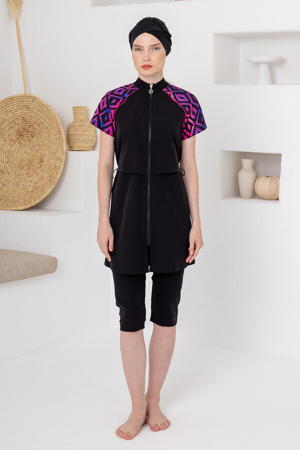 UV Korumalı Spor Likra Kısa Kol Yarı Kapalı Tesettür Mayo 1607 Siyah04 - Thumbnail