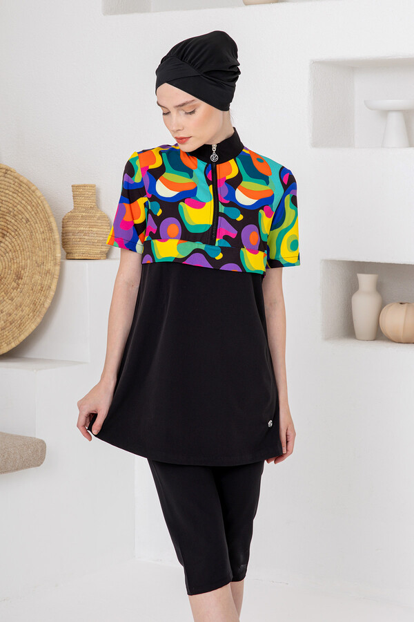 UV Korumalı Spor Likra Kısa Kol Yarı Kapalı Tesettür Mayo 1609 Siyah - Thumbnail