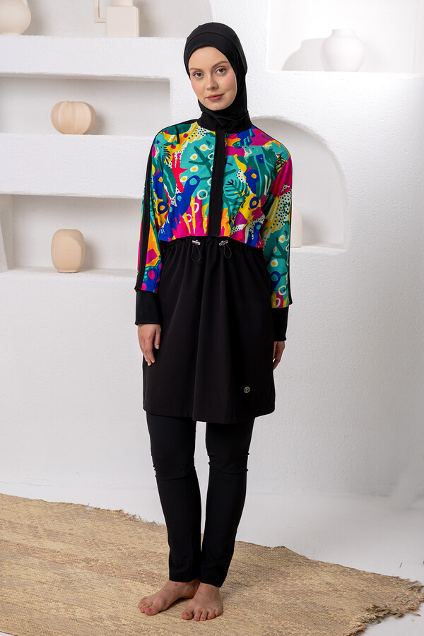 UV Korumalı Spor Likra Tam Kapalı Tesettür Mayo 1205 Siyah01 - Thumbnail