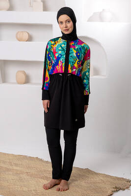 Adasea - UV Korumalı Spor Likra Tam Kapalı Tesettür Mayo 1205 Siyah01