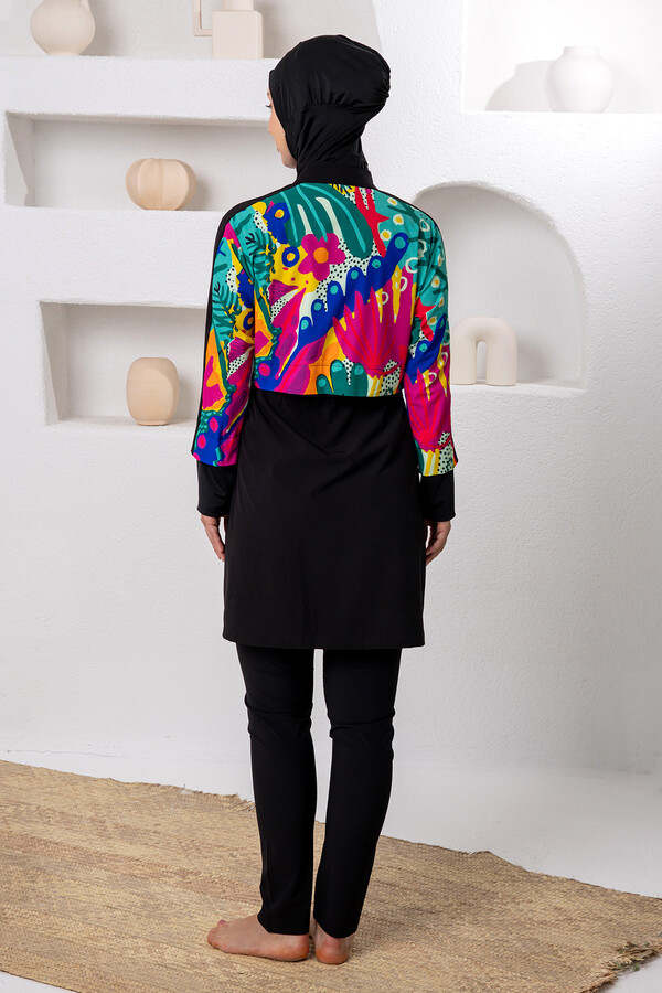 UV Korumalı Spor Likra Tam Kapalı Tesettür Mayo 1205 Siyah01 - Thumbnail