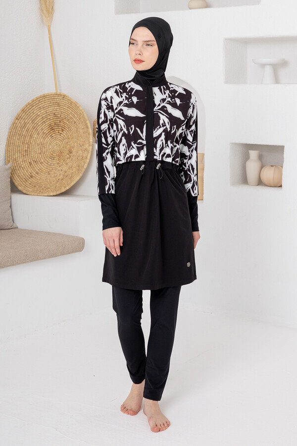 UV Korumalı Spor Likra Tam Kapalı Tesettür Mayo 1210 Siyah05 - Thumbnail
