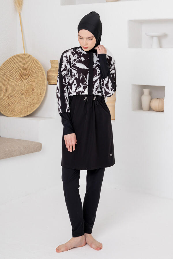 UV Korumalı Spor Likra Tam Kapalı Tesettür Mayo 1210 Siyah05 - Thumbnail