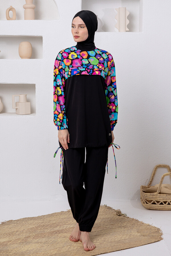 UV Korumalı Spor Likra Tam Kapalı Tesettür Mayo 1216 Siyah - Thumbnail