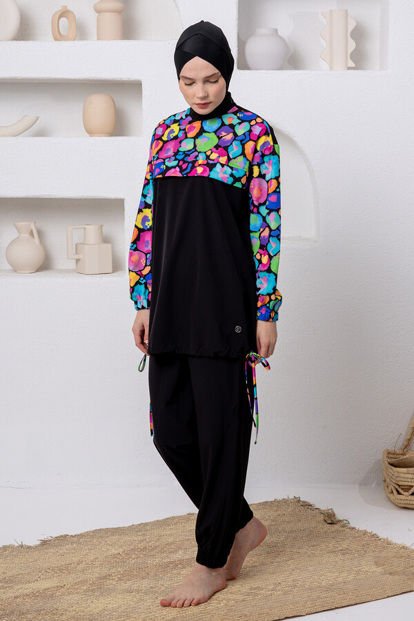 UV Korumalı Spor Likra Tam Kapalı Tesettür Mayo 1216 Siyah - Thumbnail