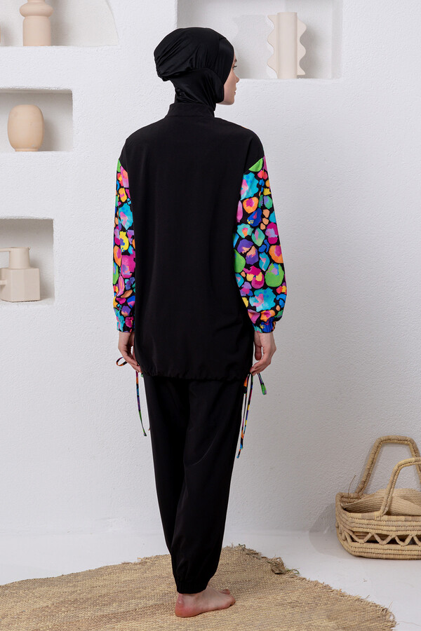 UV Korumalı Spor Likra Tam Kapalı Tesettür Mayo 1216 Siyah - Thumbnail