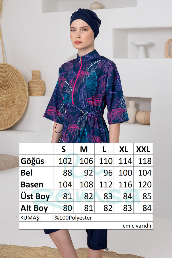 UV Korumalı Truvakar Kollu Paraşüt Yarı Kapalı Mayo 1614 Koyu Lacivert01 - Thumbnail