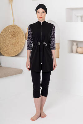 Adasea - UV Korumalı Truvakar Kollu Taytlı Spor Likra Yarı Kapalı Mayo 1603 Siyah02