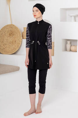 Adasea - UV Korumalı Truvakar Kollu Taytlı Spor Likra Yarı Kapalı Mayo 1603 Siyah02 (1)