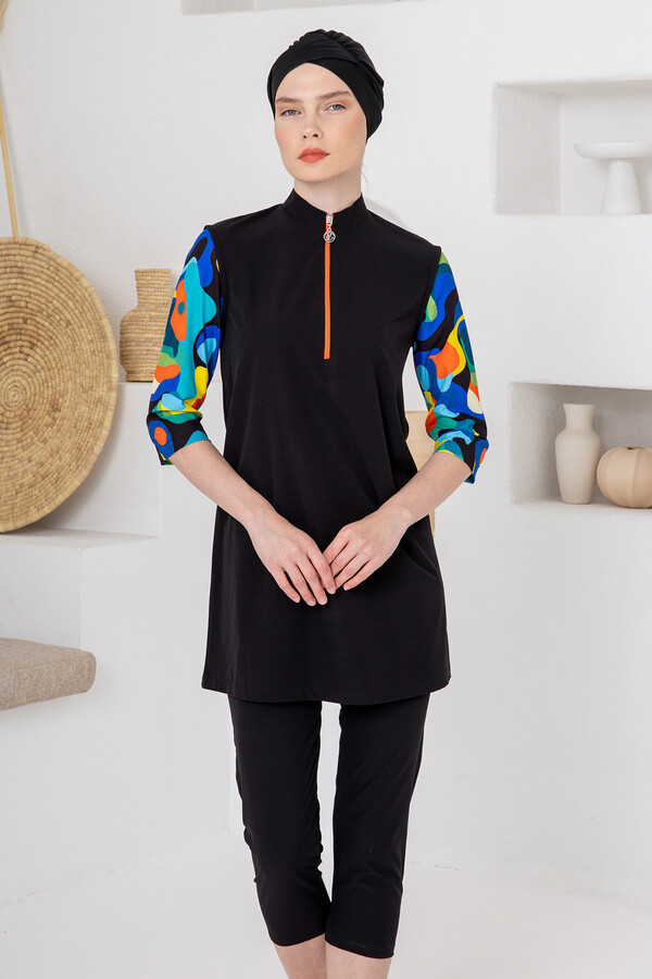 UV Korumalı Truvakar Kollu Taytlı Spor Likra Yarı Kapalı Mayo 1606 Siyah03 - Thumbnail