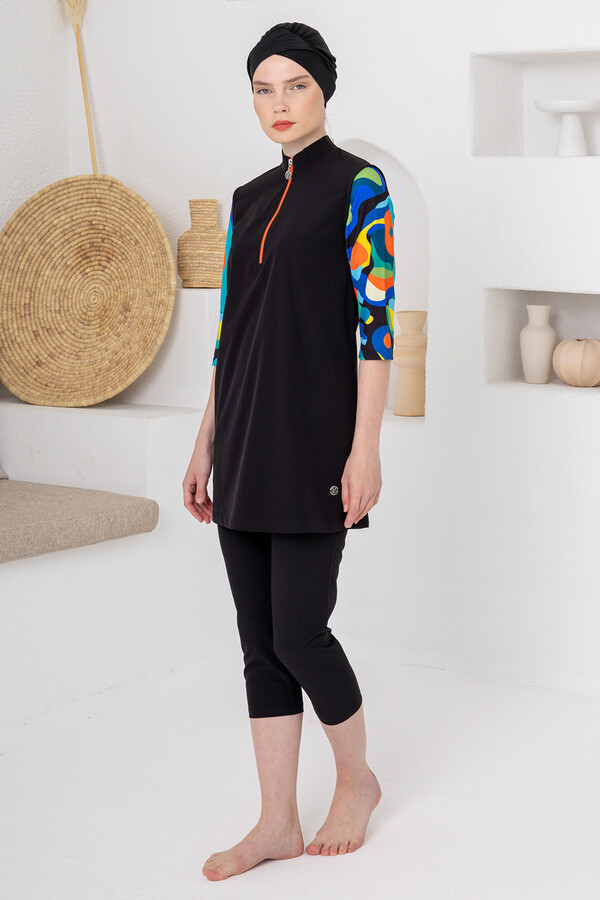 UV Korumalı Truvakar Kollu Taytlı Spor Likra Yarı Kapalı Mayo 1606 Siyah03 - Thumbnail