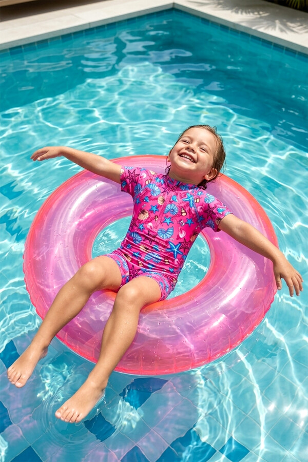 Remsa Mayo - UV Korumalı Tulum Kısa Kollu Şortlu Çocuk Bebek Yüzücü Mayo C64 Pink (1)