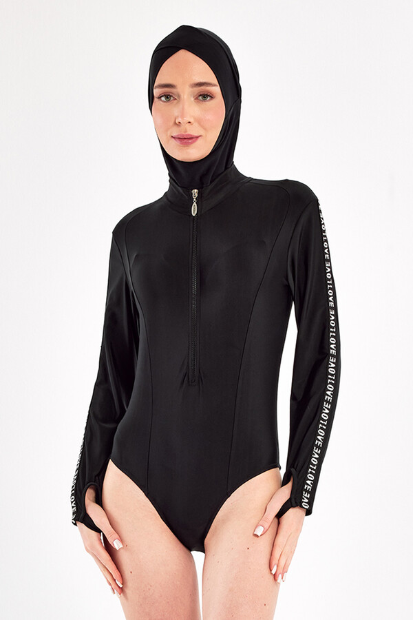 UV Protected 3-in-1 Wearable Skirted Lycra Modest Swimsuit 1109 Black02 - Thumbnail