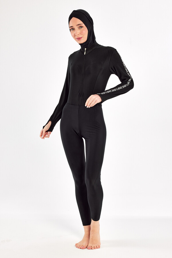 UV Protected 3-in-1 Wearable Skirted Lycra Modest Swimsuit 1109 Black02 - Thumbnail