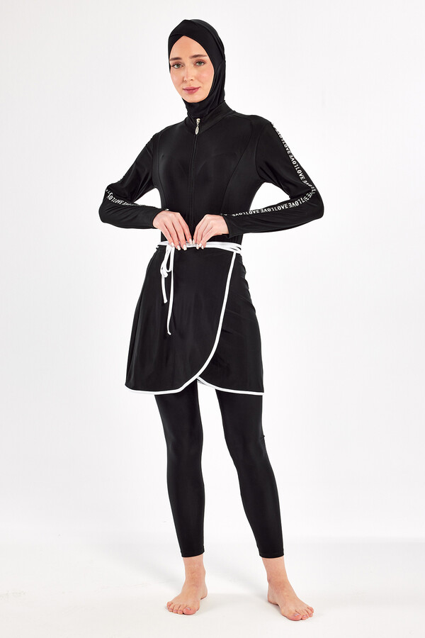 UV Protected 3-in-1 Wearable Skirted Lycra Modest Swimsuit 1109 Black02 - Thumbnail