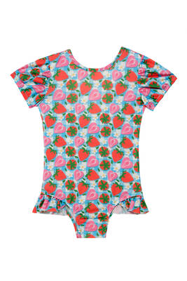 Neopy - UV Protected Baby Girl Short Sleeve Swimsuit Strawberry Print 5109 Blue Neopy - UV Protected Baby Girl Short Sleeve Swimsuit Strawberry Print 5109 Blue
