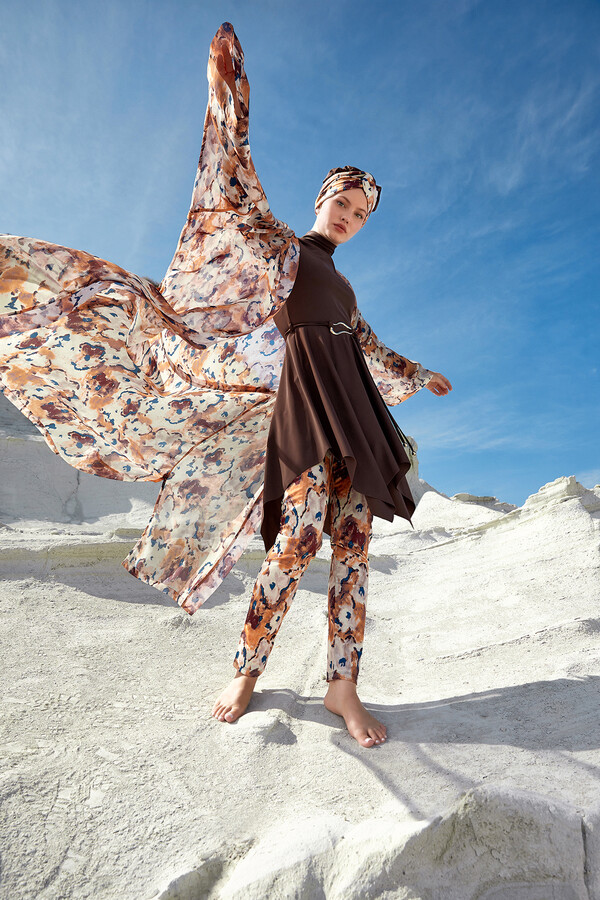 UV Protected Beige Pareo Kimono Cover-up 1708 - Thumbnail