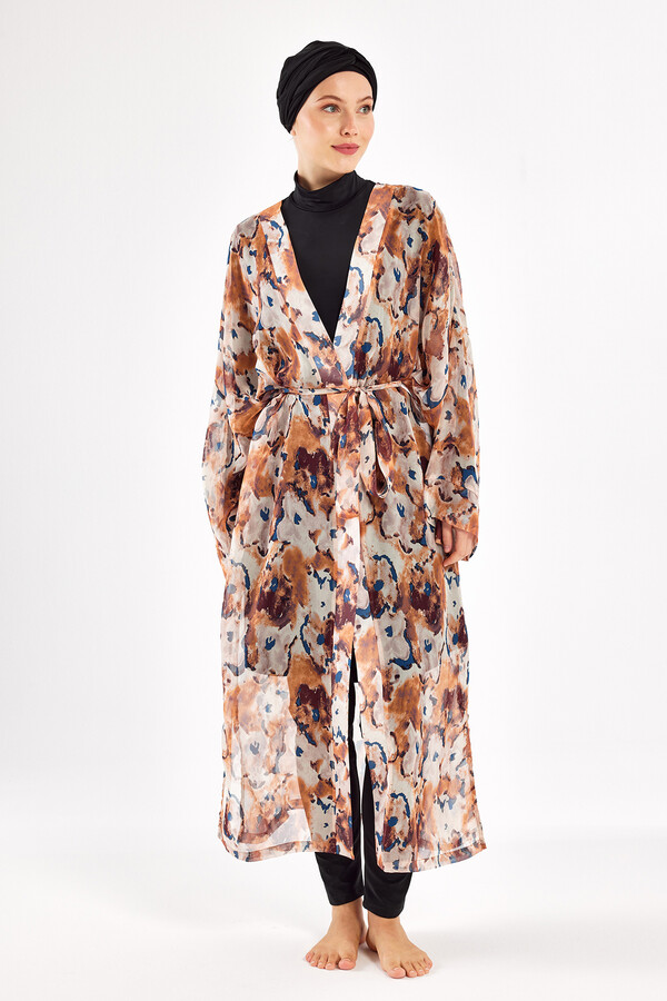 UV Protected Beige Pareo Kimono Cover-up 1708 - Thumbnail